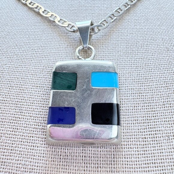 Sterling Silver 925 Multi Gemstone Southwestern Pendant Necklace Size 23" Length - Picture 5 of 16
